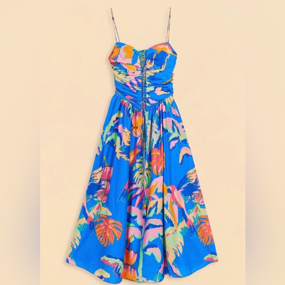 NWOT Farm Rio | Painted Jungle Midi Sun Dress | Blue - Picture 7 of 7